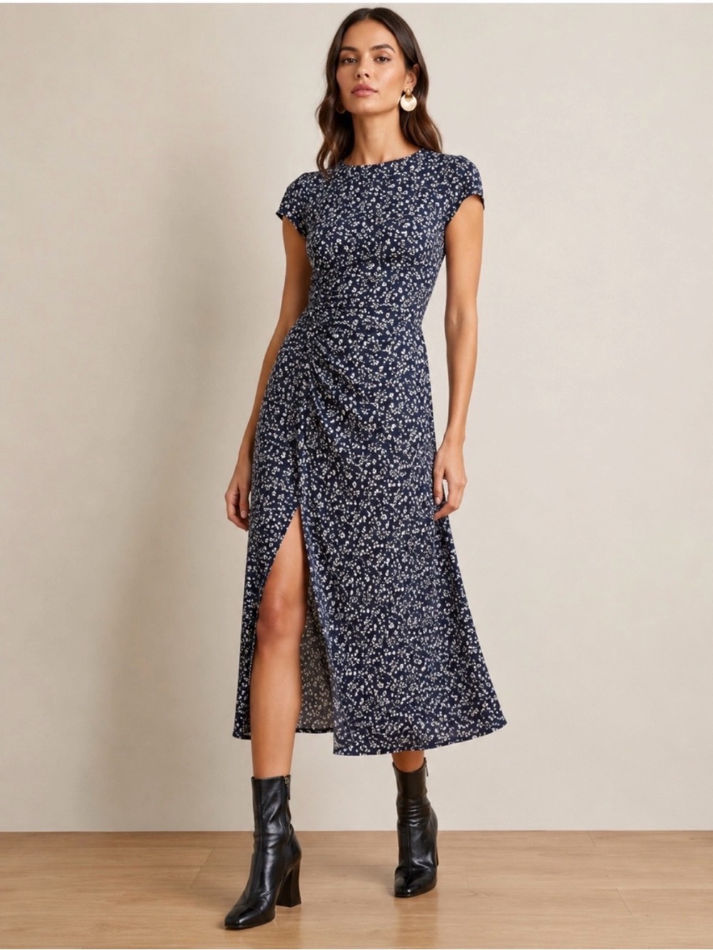 Reformation Gavin Dress 10 Blue Ditsy Floral Print Midi Open Back Cap Sleeve